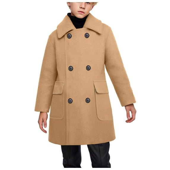 Povozer Boys Dress Coats Double Trench Coat Winter Super Thick Pea Coat(Khaki,7-8 Years)