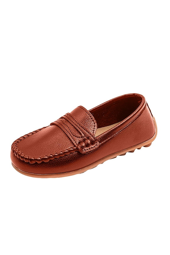 Boys Girls Leather Loafers Slip-On Oxford Flats Boat Dress Schooling Daily Walking Shoes(Toddler/Little Kids) for US 8,Brown