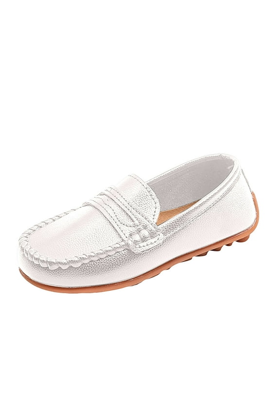 Boys Girls Leather Loafers Slip-On Oxford Flats Boat Dress Schooling Daily Walking Shoes(Toddler/Little Kids) for US 9,White