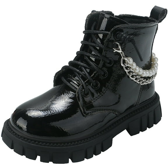 Povozer Boys Girls Waterproof Lace Up Glitter Mid Calf Combat Boots with Side Zipper(Black,G)