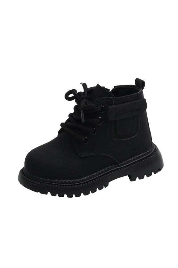 Boys Girls Waterproof Lace up Side Zipper Mid Calf Combat Boots(Black,7)