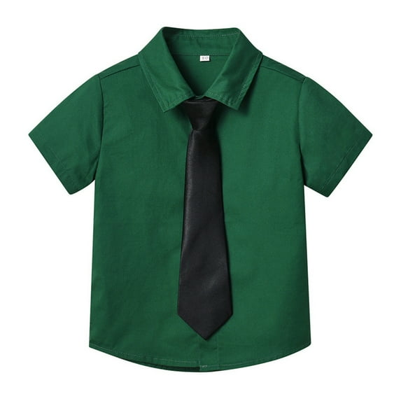 Povozer Boys' Little Long Sleeve Button-Down Collared Dress Shirt with Tie(Green,11-12Y)