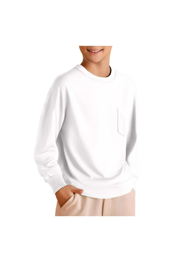 Boys Long Sleeve Shirts Cotton Crewneck T-Shirts for Boy Kids Basic Tee(White,6-7Y)