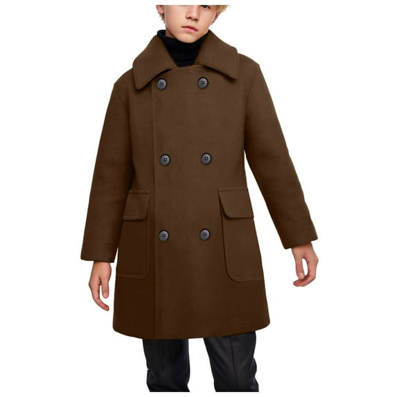 Povozer Boys Notch Lapel Double Breasted Long Trench Coat Casual Classic Peacoat(Brown,5-6 Years)