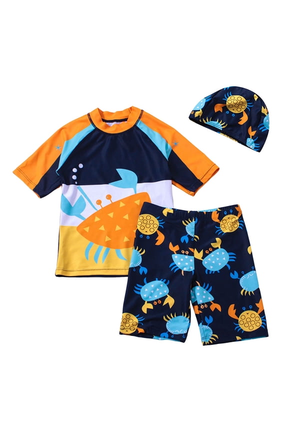 Boys Rash Guard Swim Set 3-Piece Swim Shirt and Bathing Suit Trunks Set(Orange,5-6Y)