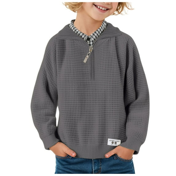 Povozer Boys School Uniform Sweater Kids Long Sleeve Pullover Fall Winter(Gray,5-6Y)