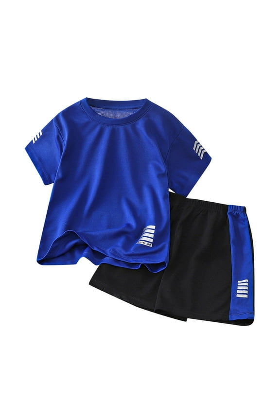 Boys Short Sets Outfits Cotton Casual Crewneck Short Tee Shirt Plaid Shorts Beach Clothes 2-Pack Set for Boys for 5-6 Years,Dark Blue