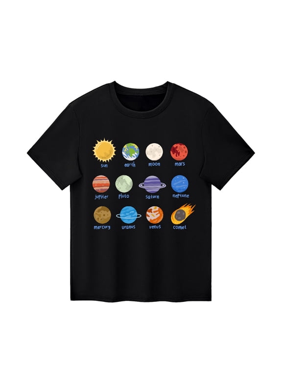 Boys Short Sleeve Top Cute Kids Shirt For Boys Toddler Kids Summer Planet Printed Boys Girls Casual Crew Neck Short Sleeved T Shirt Tops Size 8-9 Years,Black