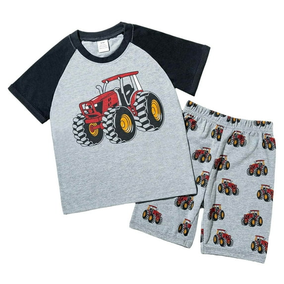 Povozer Boys Summer Shirt Outfits Boys Short Sets Outfits Cotton Casual Crewneck Dinosaur Excavator Short Tee Shirt Plaid Shorts Beach Clothes Sets for 3-4 Years,Black