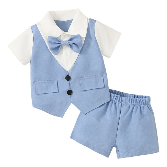 Povozer Boys Wedding Clothing Toddler Suits for Boy formal Wear Gentleman Outfits for Baby Summer Shorts Set 6M 9M 12M 18M 2Y for 9-12 Months,Light Blue