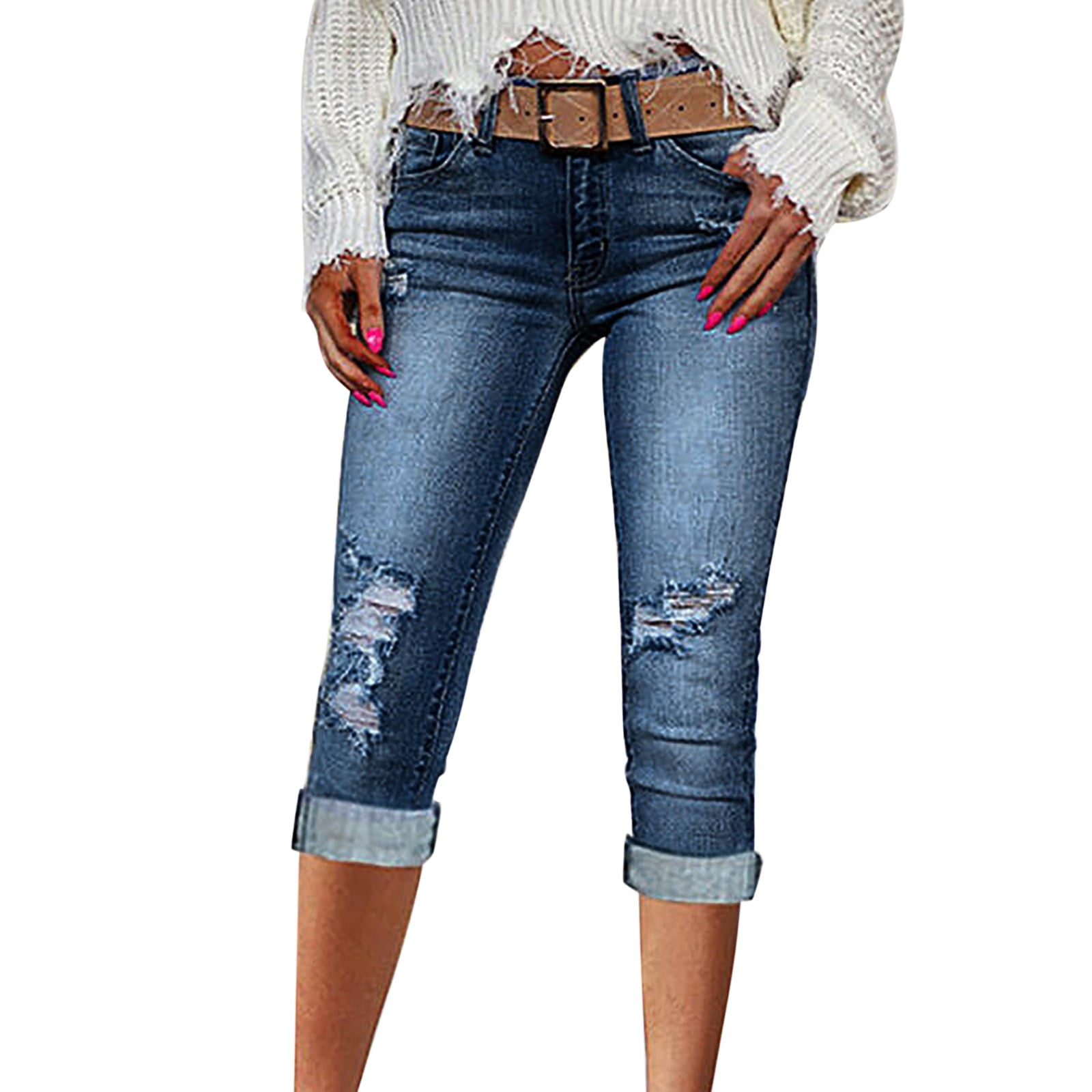 ★ POSZER★ Curved denim pants medium blue 251CVDPT040 Povozer Capris Jeans for Women High Waisted Skinny Stretchy