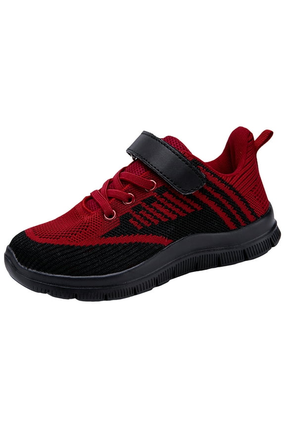 Children Boys Sports Shoes Flat Thick Bottom Lightweight Non Slip Lace up Hook Loop Colorblock Mesh Upper Breathable and Comfortable(Red,6-7 Years)