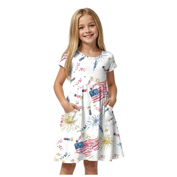 Povozer Dress Girls Kids Summer 2025 4th of July Baby Girl Outfits American Flag Plaid Flying Sleeve A-line Dress Toddler Fourth of July Baby Girl Outfit for 5-6 Years,White