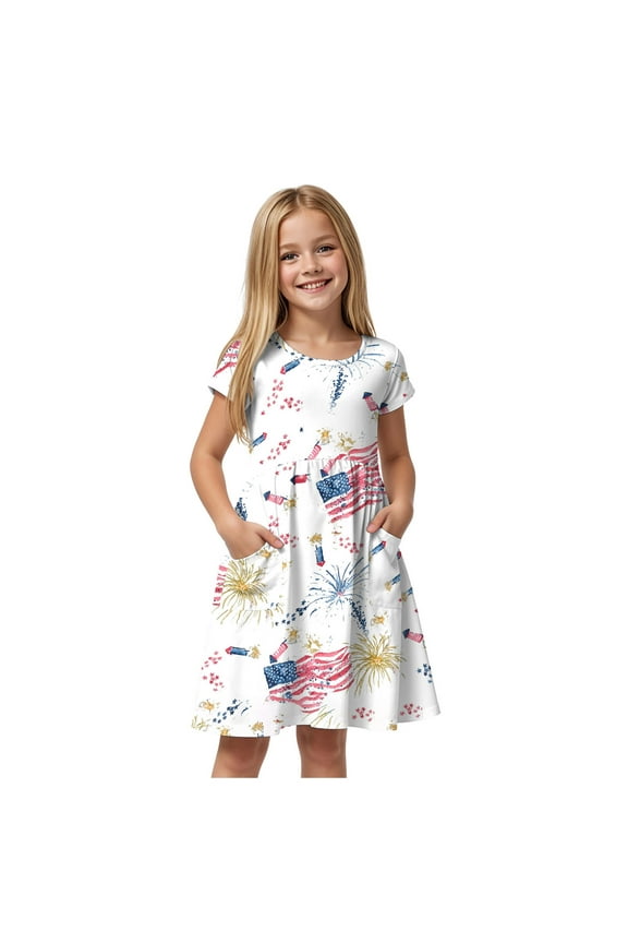 Dress Girls Kids Summer 2025 4th of July Baby Girl Outfits American Flag Plaid Flying Sleeve A-line Dress Toddler Fourth of July Baby Girl Outfit for 5-6 Years,White