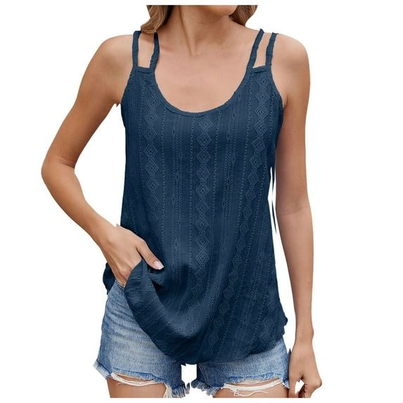 Povozer Eyelet Tank Tops Women Basic Spaghetti Strap Cropped Sleeveless Tank Tops(Dark Blue,L)