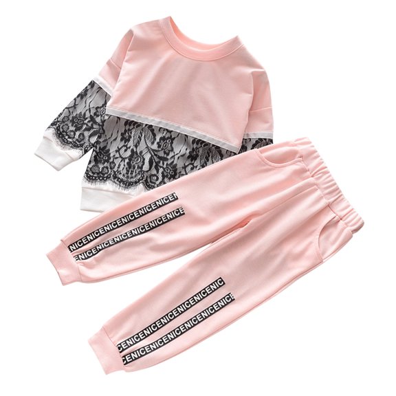 Povozer Girl Baby Clothes Toddler Fall Winter Outfits Little Girls Kids 2pcs Clothes Set Lace Sweatshirt Tops Long Pants Leggings Tracksuit Sets Outfits,Size 3-4 Years,Pink