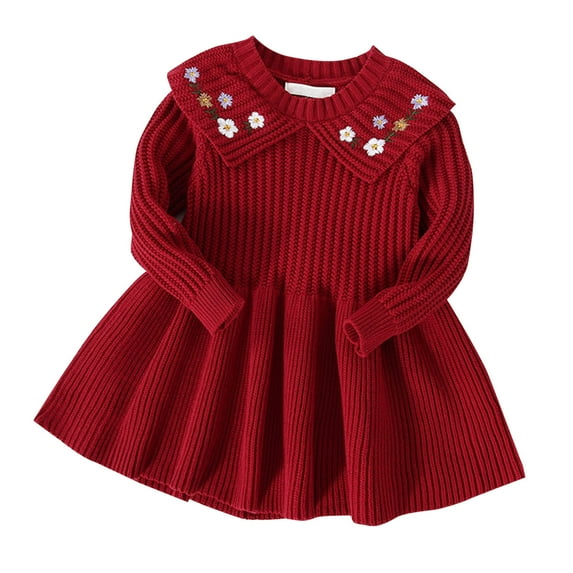 Povozer Girl Dress Long Sleeve Sweater Ruffle Knit Casual Dresses for Girls(Red,5-6Y)