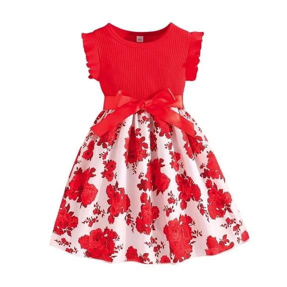 Povozer Girl Dresses Ruffled Floral Splice Belted Sleeveless Summer Outfits(Red,5-6Y)