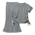 thumbnail image 1 of Povozer Girl Summer Outfits Solid Knit Short Sleeve T Shirt Flare Pants Set(Grey,12-18M), 1 of 6