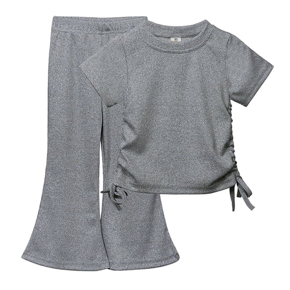 Povozer Girl Summer Outfits Solid Knit Short Sleeve T Shirt Flare Pants Set(Grey,12-18M)