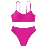 Povozer Girl's 2 Piece Swimsuit Sport High Waist Teen Kids Bikini Set Bathing Suit Swimwear (Hot Pink, 8-9 Years)