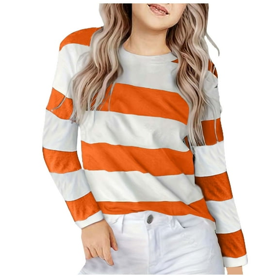 Povozer Girl's Casual Big Kids Long Sleeve Striped Color Block Casual Tees(Orange,4-5 years)