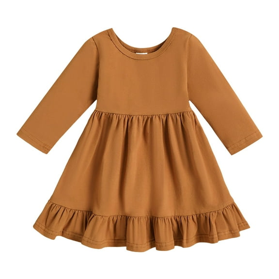 Povozer Girl's Cotton Long Sleeve Tiered Swing A-Line Cute Midi Casual Dresses(Rose Gold,18-24 Months)