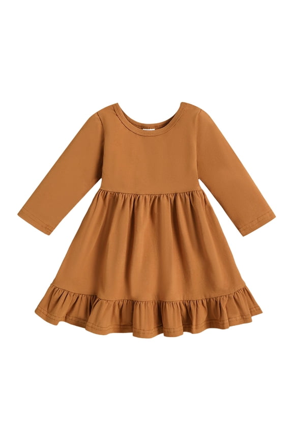 Girl's Cotton Long Sleeve Tiered Swing A-Line Cute Midi Casual Dresses(Rose Gold,6-12 Months)