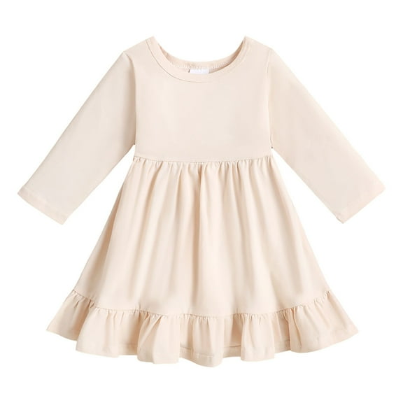 Povozer Girl's Cotton Long Sleeve Tiered Swing A-Line Cute Midi Casual Dresses(White,2-3 Years)