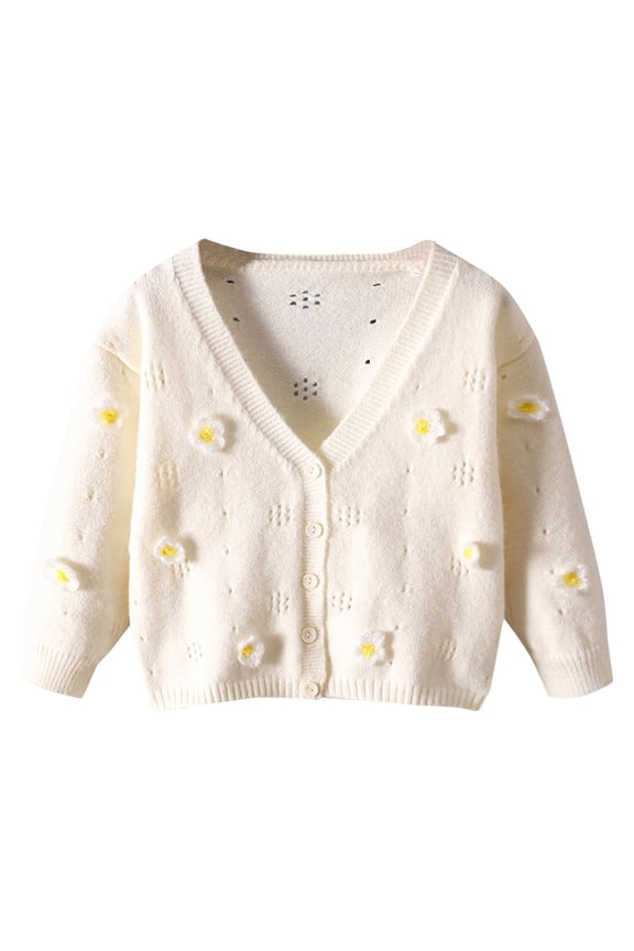 Girl's Cute Open Front Button Down Cardigans Long Sleeve Floral Flower Applique Knit Sweaters(White,1-2 Years)