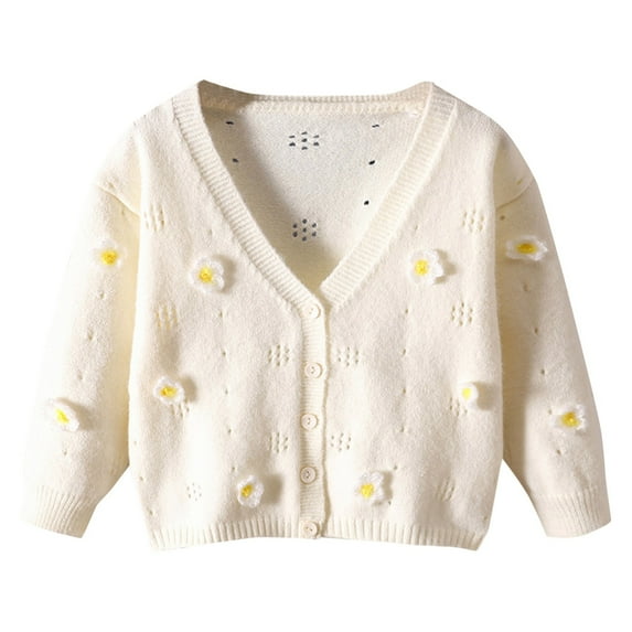 Povozer Girl's Cute Open Front Button Down Cardigans Long Sleeve Floral Flower Applique Knit Sweaters(White,2-3 Years)