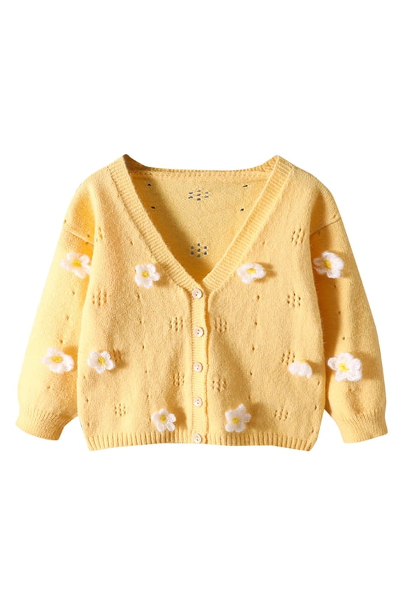 Girl's Cute Open Front Button Down Cardigans Long Sleeve Floral Flower Applique Knit Sweaters(Yellow,5-6 Years)