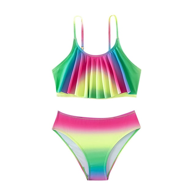 Povozer Girl's Cute Two Piece Swimsuit V Neck Spaghetti Strap Wireless Bikini Set (Green, 7-8 Years)