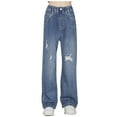 thumbnail image 1 of Povozer Girl's Elastic High Waist Denim Pants Basic Wide Leg Jeans(Blue,4-5Y), 1 of 6