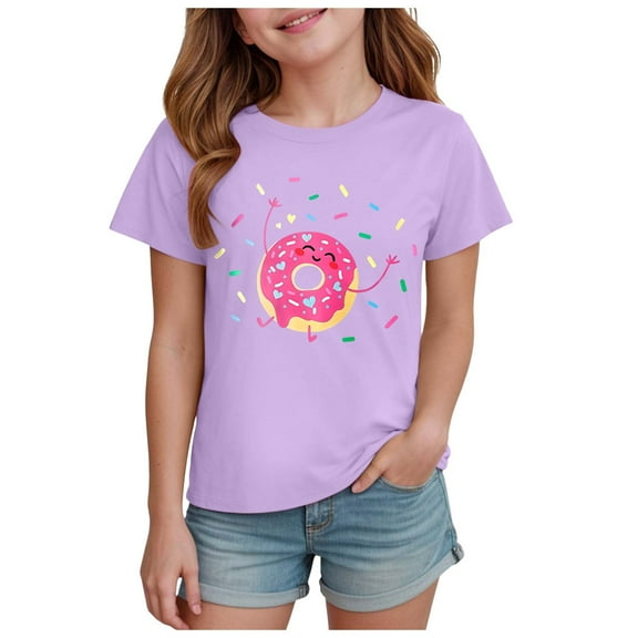 Povozer Girl's Graphic Print Tee Shirt Round Neck Short Sleeve T Shirts Summer Cute Trendy Tops for 3-4 Years,Pink