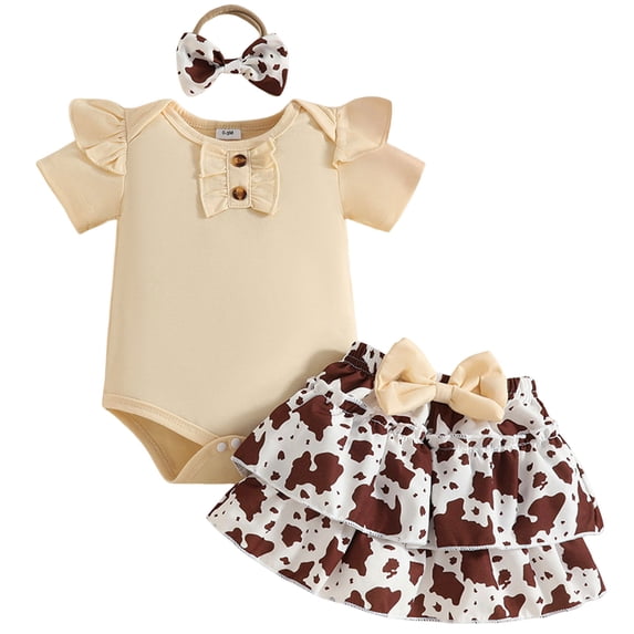 Povozer Girls Baby Clothes Newborn Outfits Baby Girl,Baby Girl Comfortable Breathable Set Cute Cartoon Printed Short Sleeve Skirt Three Piece Set,Size 9-12 Months,Coffee