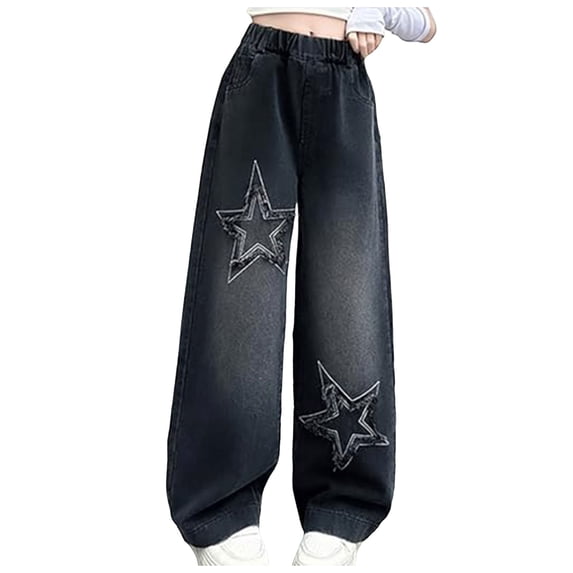 Povozer Girls Baggy Jeans Girls Bell Bottom Pants Wide Leg Denim Pants Teen Star Raw Edge Baggy Trousers High Waisted Boyfriend Y2K Jeans Girls Fashion,Size 12-13 Years,Black