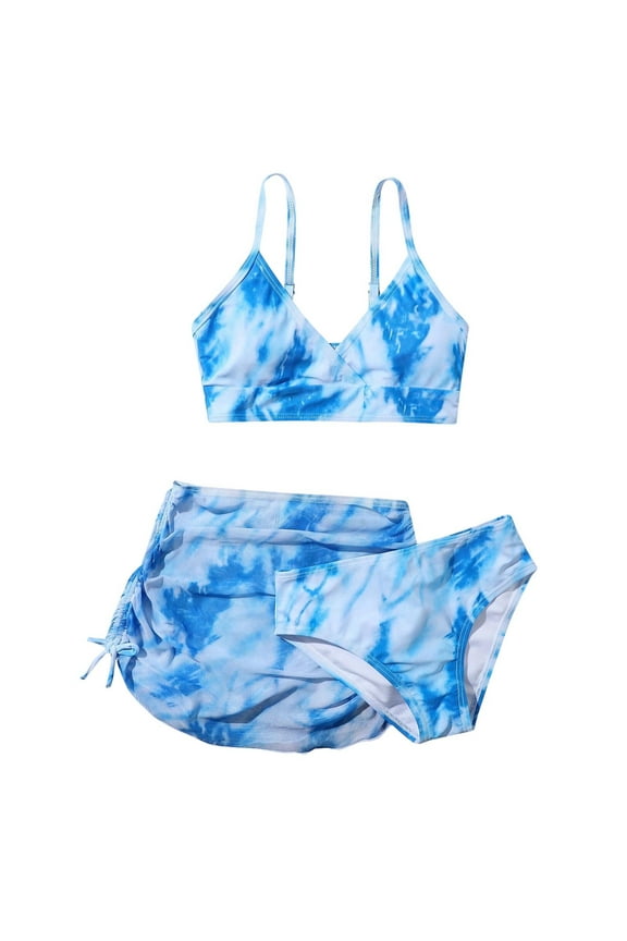 Girls Bathing Suits 3-Piece Swimsuit Fashion Bikini Tankini Set(Blue,13-14 Years)