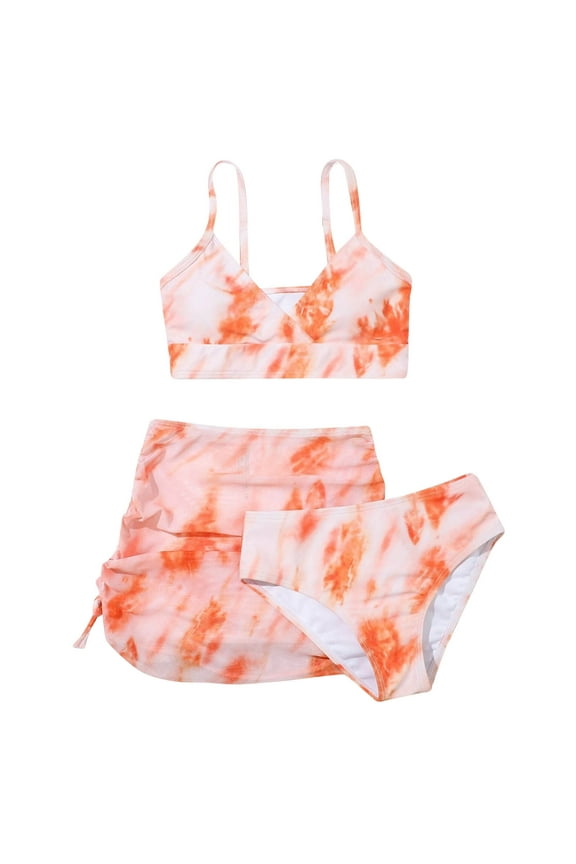 Girls Bathing Suits 3-Piece Swimsuit Fashion Bikini Tankini Set(Orange,13-14 Years)