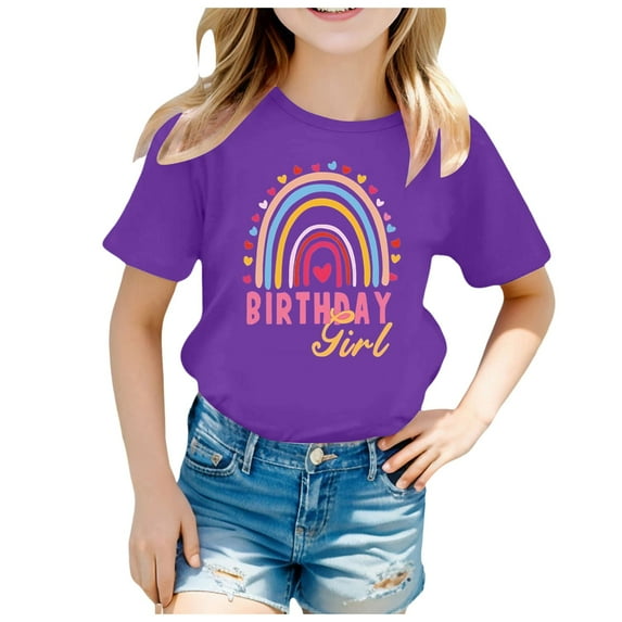 Povozer Girls Birthday Party T-Shirt Birthday Outfit for Toddler Girls(Purple,7-8Y)