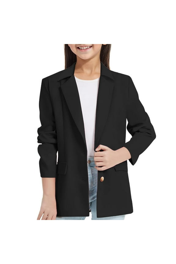 Girls Blazer Jacket Long Sleeve Notched Collar/Lapel Collar with Inner Pocket Open Front Casual Kids Blazers Suit(Black,11-12 Years)