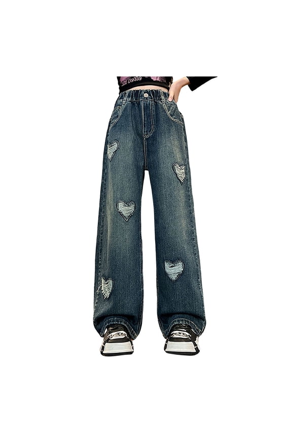 Girls Cargo Pants Kids Girls Fashion Boys Girls Baggy Pants Cute Baggy Denim Pants Waist Straight Wide Leg Jeans Size 4-5 Years,Blue