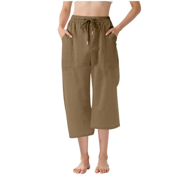 Povozer Girls Cargo Pants for Kids Loose Capris Pants for Girls Summer Casual Loose Cotton Linen Straight Wide Leg Drawstring Waist Solid Cropped Pant for 8-9 Years,Khaki