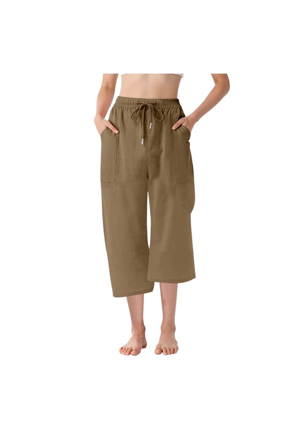 Girls Cargo Pants for Kids Loose Capris Pants for Girls Summer Casual Loose Cotton Linen Straight Wide Leg Drawstring Waist Solid Cropped Pant for 8-9 Years,Khaki