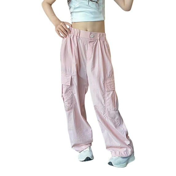 Povozer Girls Cargo Pants with Pockets Elastic Waistband Kids Wide Leg Youth Loose Straight School Trousers(Pink,5-6 Years)