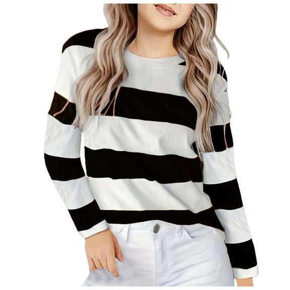 Povozer Girls Casual Long Sleeve T Shirts Basic Crewneck Striped Tunic Blouses Tops(Black,6-7 Years)