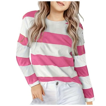Povozer Girls Casual Long Sleeve T Shirts Kids Loose Soft Striped Tunic Tops(Red,8-9Y)
