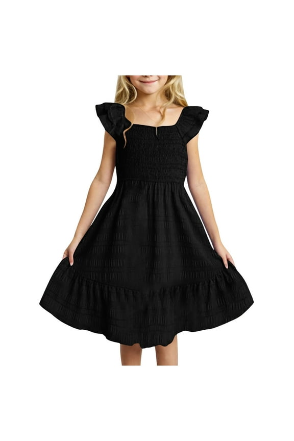 Girls Casual Ruffle Sleeves Dresses Girls Dress Summer Ruffle Sleeve Mesh A Line Casual Party Dresses with Pockets for 5-6 Years,Black