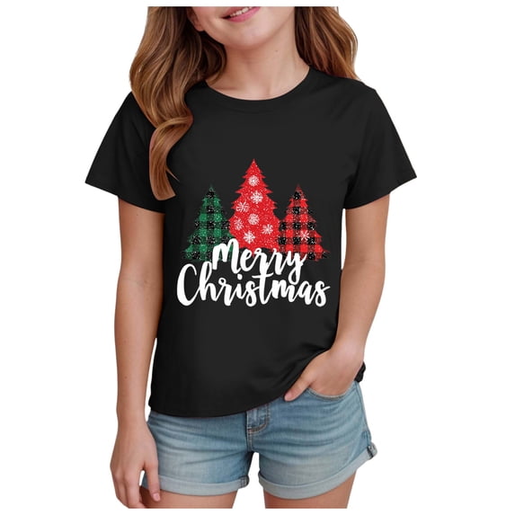 Povozer Girls Christmas Shirt Kids Christmas Tree Comfortable Breathable Stylish Print Short Sleeved Top For Girls,Size 1-2 Years,Black