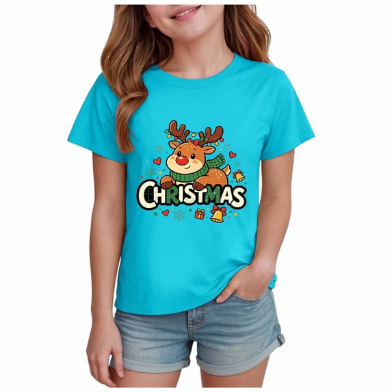 Povozer Girls Christmas Shirts Kids Cute Bow Graphic Tee Boys Girls Christmas Shirts Toddler Kids Merry and Bright Shirt,Size 5-6 Years,Blue